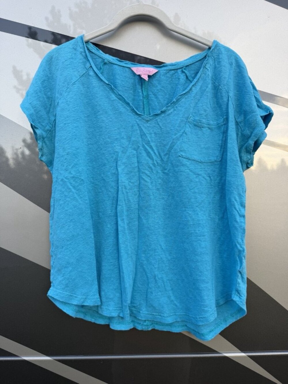 Lilly Pulitzer turquoise beachy 100% linen slub vneck tshirt M preppy resort